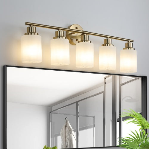 Gold 5-Light Bathroom Vanity Fixture with Frosted Glass